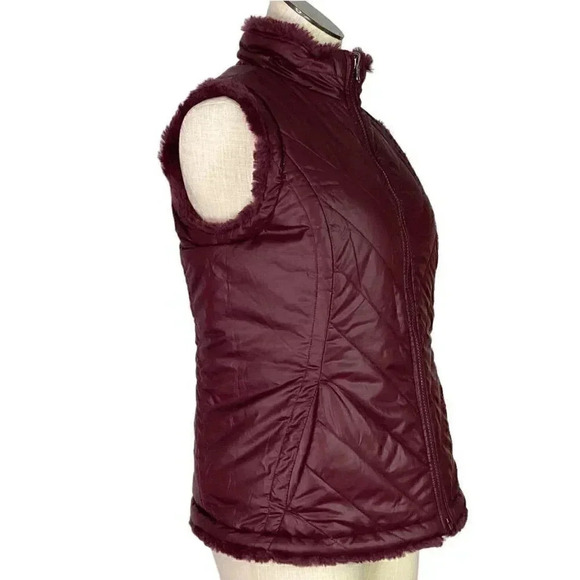 Nicole Miller Original Women S Fuax Fur Lined Reversible Quiled Zip Up Vest Wine - Picture 2 of 13